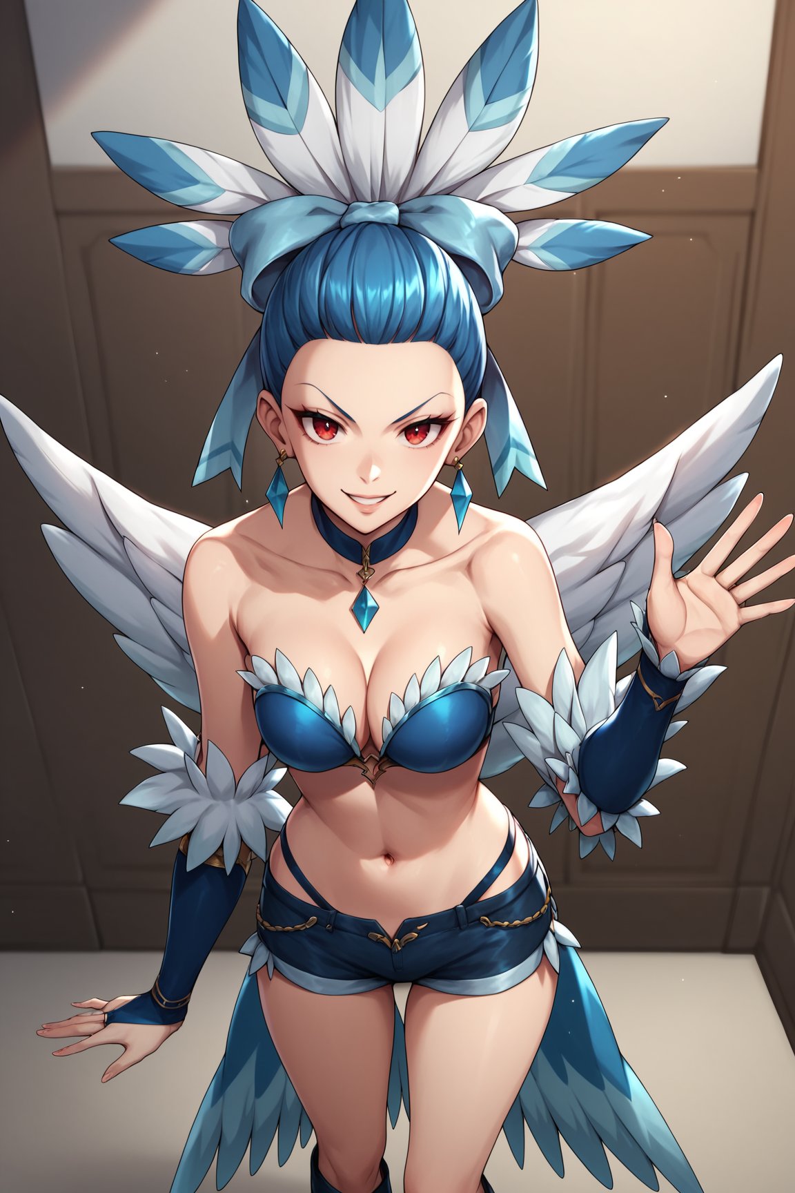 score_9, score_8_up, score_7_up, score_6_up, score_5_up, score_4_up, CluchHHXL, red eyes, blue hair, forehead, hair bow, blue bow, feathers, earrings, blue chocker, medium breasts, wings, cleavage, blue bikini top, bare shoulders, navel, blue bridal guantlets, blue shorts, short shorts, black knee boots, solo, standing, waving, seductive smile, looking at viewer, indoors <lora:CluchHHXL:0.9>