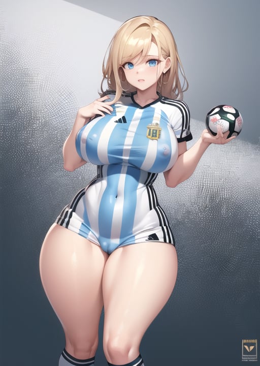 (argentina), holding ball,woman ,thick thighs, large breasts,(soccer uniform),sportswear,blue eyes,,tattoo,cameltoe, puffy nipples, (battle background), <lora:Argentina-10:0.65>