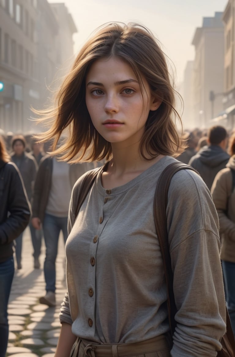 masterpiece of photorealism, photorealistic highly detailed 8k photography, best hyperrealistic quality, volumetric lighting and shadows, textured hair brown hair young woman in casual clothes, Mystical Stone Circles in Morning Mist full of busy people, Cinematic Tilt-Down from Sky to Ground