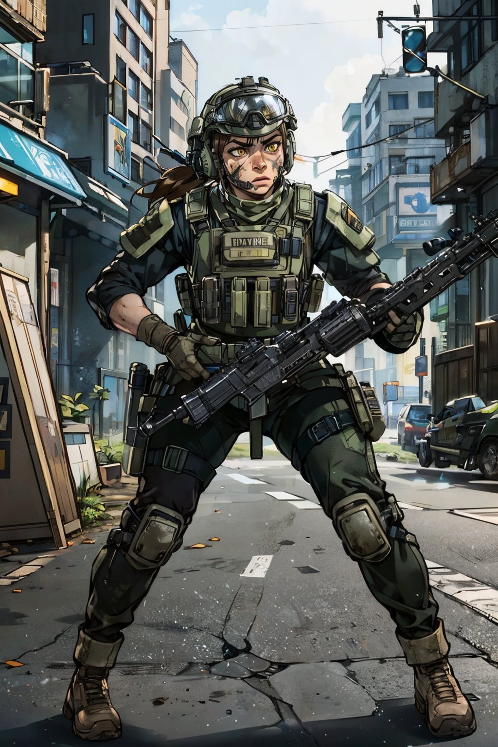 blasco, yellow eyes, dirty face, helmet, goggles on helmet, military clothes, bulletproof vest, gloves, knee pads, looking serious, angry, action shot, holding rifle, gun, outside, warzone, city, high quality, masterpiece,  <lora:blasco-08new:.8>