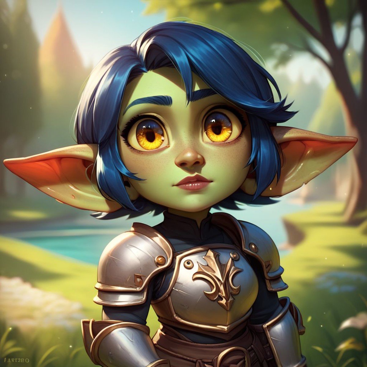 (((beautiful, high quality))), upper body, score_9, score_8_up, score_7_up, solo,Goblin, shortstack, short stature, pointed ears, 1girl, medium blue hair, big eyes, yellow eyes, green skin, fantasy armor,outdoor, fantasy background, nature, blurred background,