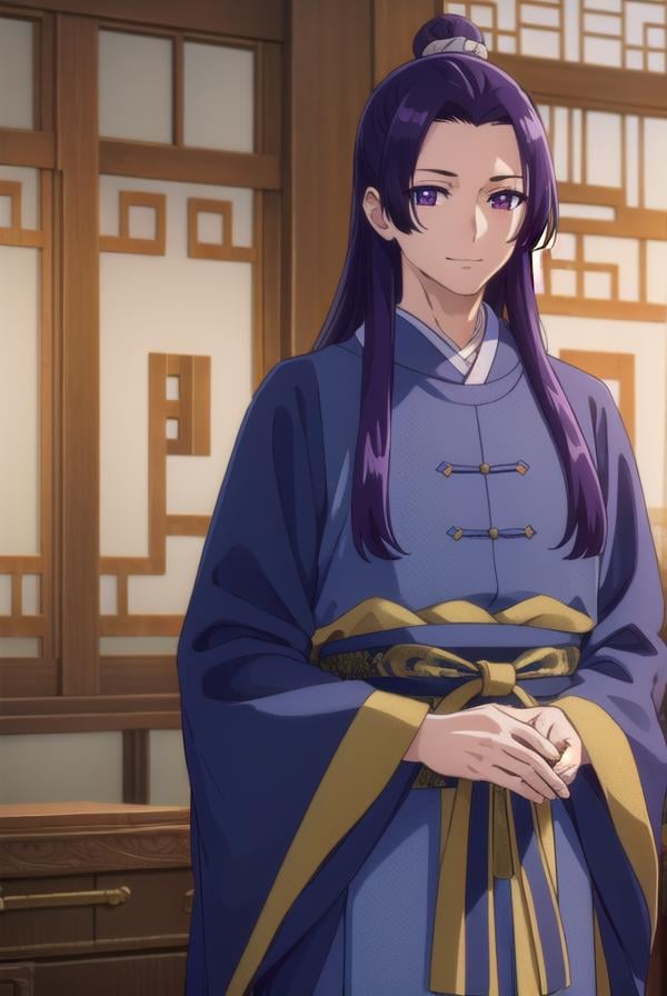 jinshi, <lora:jinshi s1-lora-nochekaiser:1>,jinshi, long hair, (purple eyes:1.1), purple hair, male focus, hair bun, (parted bangs:1.5), smile,BREAK long sleeves, wide sleeves, chinese clothes, robe, hanfu,BREAK indoors,BREAK looking at viewer, (cowboy shot:1.5),BREAK <lyco:GoodHands-beta2:1>, (masterpiece:1.2), best quality, high resolution, unity 8k wallpaper, (illustration:0.8), (beautiful detailed eyes:1.6), extremely detailed face, perfect lighting, extremely detailed CG, (perfect hands, perfect anatomy),