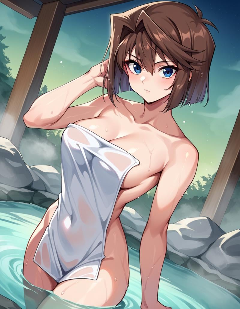 score_9, score_8_up, score_7_up, source_anime,anzumazaki, <lora:anzu-mazaki-ponyxl-lora-nochekaiser:1>anzu mazaki, blue eyes, brown hair, short hair,nude, naked, outdoors, onsen, towel, naked towel, steam, bathing, nude cover, partially submerged, water, bath, steam censor, wet towel,looking at viewer, cowboy shot, dutch angle,