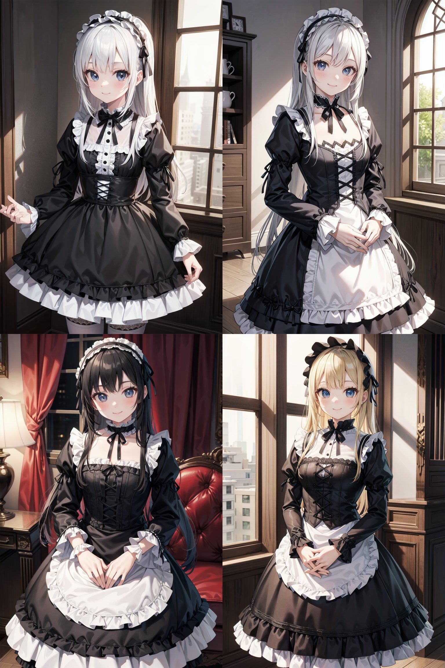 cowboy shot, long white hair, glossy, realistic textures, kawaii, (Gothic Lolita dress), Gorgeous Clothing, clothes that reveal little, [cute smile], in room, 