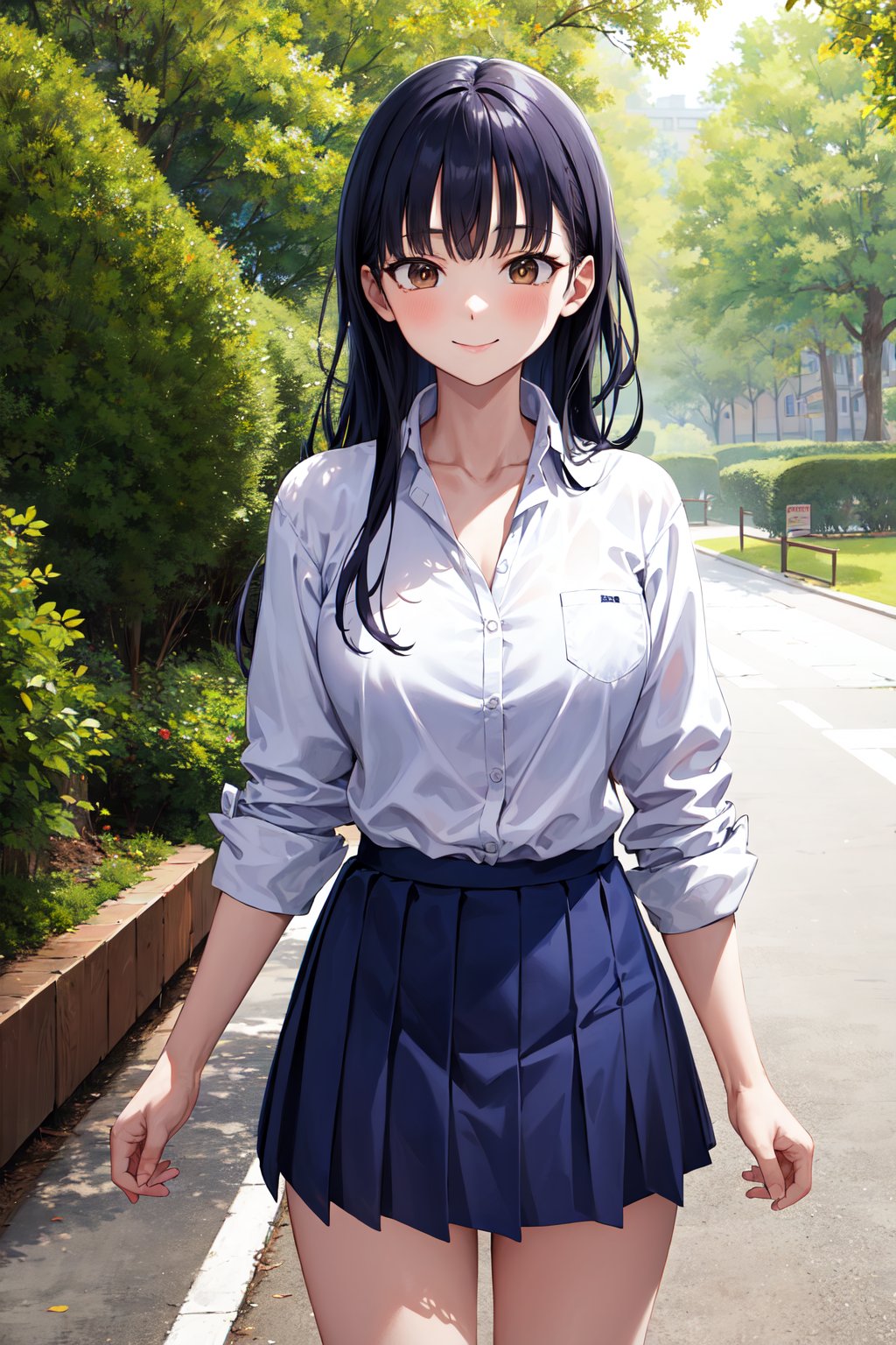 masterpiece, best quality, highres, aaanna, long hair, brown eyes, collarbone, collared shirt, white shirt, sleeves rolled up, pleated skirt, blue skirt, miniskirt, <lora:yamada_anna_v1:0.7>, standing, cowboy shot, smile, outdoors, 