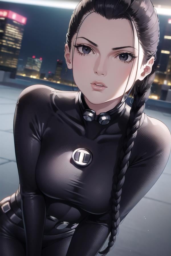 seisakuraoka, <lora:sei sakuraoka manga-lora-nochekaiser:1>,sei sakuraoka, braid, black hair, (black eyes:1.5), single braid,BREAK bodysuit, black bodysuitBREAK outdoors, city, night, sky, starry sky, moon,BREAK looking at viewer, (cowboy shot:1.5),BREAK <lyco:GoodHands-beta2:1>, (masterpiece:1.2), best quality, high resolution, unity 8k wallpaper, (illustration:0.8), (beautiful detailed eyes:1.6), extremely detailed face, perfect lighting, extremely detailed CG, (perfect hands, perfect anatomy),