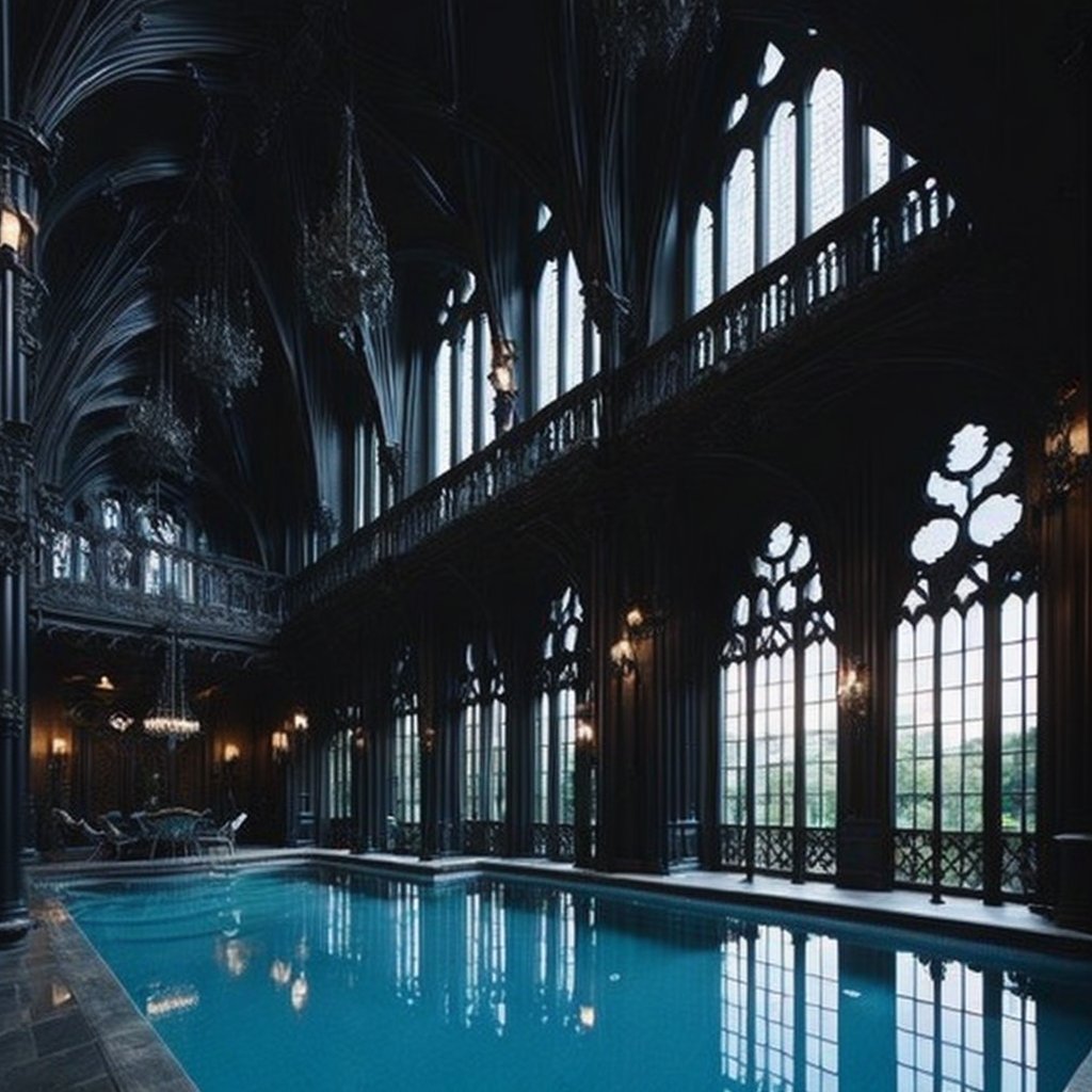 <lyco:Gothic_style_interior_design_Sa_May:1.0>  Gothic style interior design of  swimming pool 