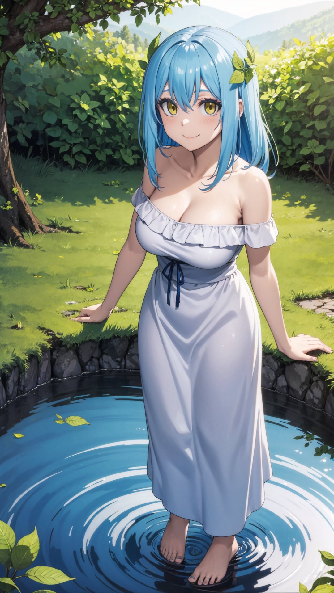 (masterpiece, best quality), ray tracing, absurdres, HDR,rimuru tempest, underground lake goddess, 1girl,yellow eyes,blue hair,large breasts , ,hair between eyes, long hair, solo, leaf hair ornament, dress, comic, , closed mouth, water,, ripples, smile, barefoot, off shoulder, bare arms ,looking at viewer, blush<lora:rimuru_lake_goddess:0.7>