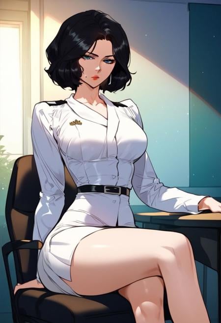 highly detailed, masterpiece, score_9,score_8_up,score_7_up, (manhwa artstyle), 1girl, ShinJiyeh, light blue eyes, black hair, short hair, mole near lips, daily uniform, looking viewer, indoor background, windy atmosphere, cowboy shot, crossed leg, sitting on chair