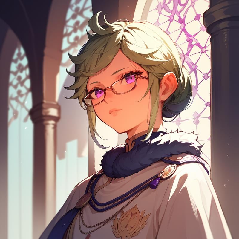 <lora:SlimesLetoile:1>, score_9, score_8_up, score_7_up, slimes_letoile, woman, solo, glasses, purple eyes, castle interior background