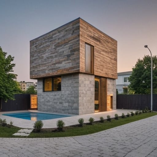 <lora:lora:0.9> real architecture photo of a modern cube house, with wood and grey stone, in the city,, perfect photo of high tech cupola building, beautiful place, extremely detailed, aesthetic, vibrant, evening, striking design