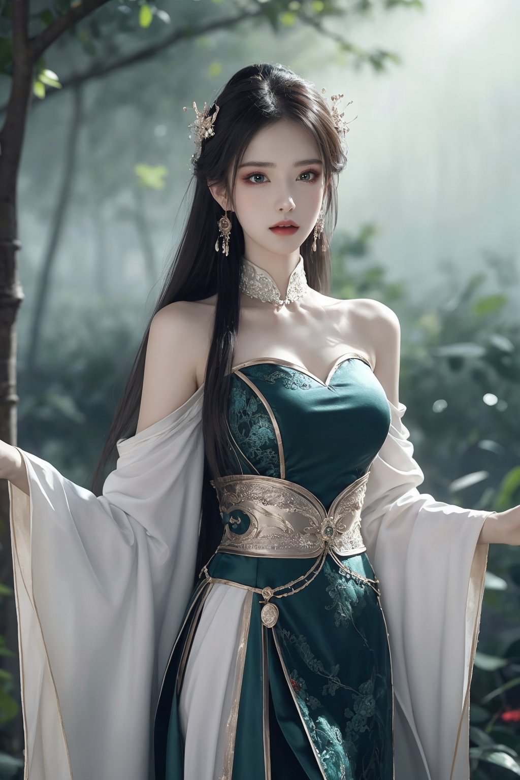 1girl, bamboo, bare shoulders, bare tree, blurry, blurry background, blurry foreground, branch, breasts, chinese clothes, depth of field, dress, earrings, forest, green eyes, jewelry, leaf, long hair, long sleeves, looking at viewer, makeup, nature, palm tree, parted lips, plant, solo, standing, tree, wide sleeves <lora:天穹1.0:0.8>