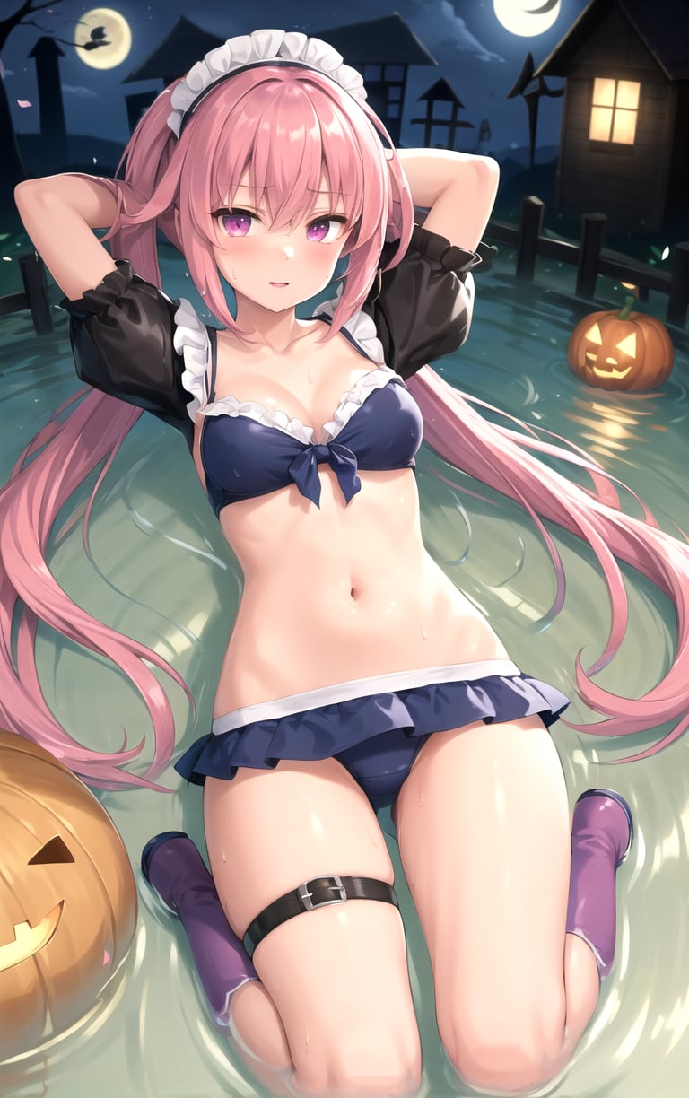 (masterpiece, best quality:1.4), insaneres, absurdres, solo, looking at viewer,BREAK FAP_ARTSTYLE_sasaame_ra_ownwaifu,1girl, bangs, collarbone, covered navel, full moon, hair between eyes, hair ornament, halloween, high ponytail, low twintails, maid headdress, navel, pink hair, purple eyes, red eyes, rubber boots, school uniform, star hair ornament, swimsuit, thigh strap, twintails(arms up, partially submerged, lying, full body), petals on liquid, caustics, wet, looking at viewer, dappled sunlight,  outdoors,<lora:FAP_ARTSTYLE_sasaame_ra_ownwaifu:0.6>, depth of field