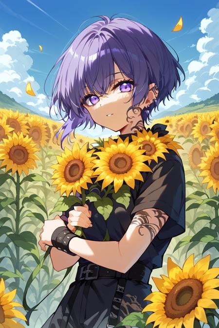 score_9, score_8_up, score_7_up, score_6_up, 1girl, solo,<lora:Sophia:0.9> sophia, sunflower, flower, purple eyes, short hair, yellow flower, purple hair, outdoors, sky, holding, cloud, tattoo, looking at viewer, petals, dark clothes, short sleeves, wristbands