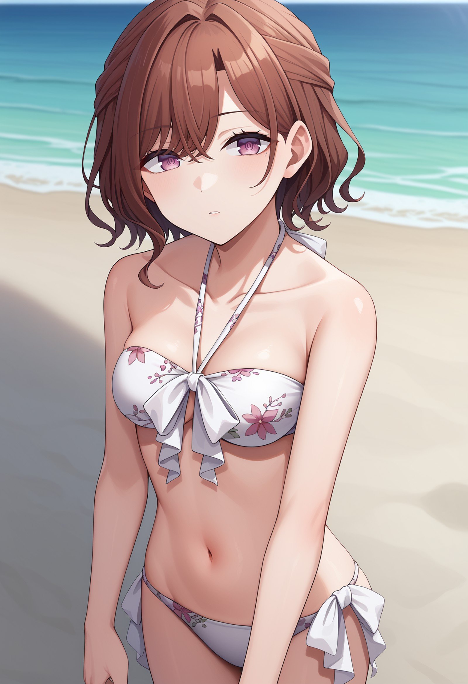 score_9, score_8_up, score_7_up, BREAK source_anime, 1girl, higuchi madoka, short hair, brown hair, summer hair, purple eyes, bikini, halterneck, floral print, parted lips, expressionless, looking at viewer, beach <lora:brj-madoka-pony-v0.5-000008:1>