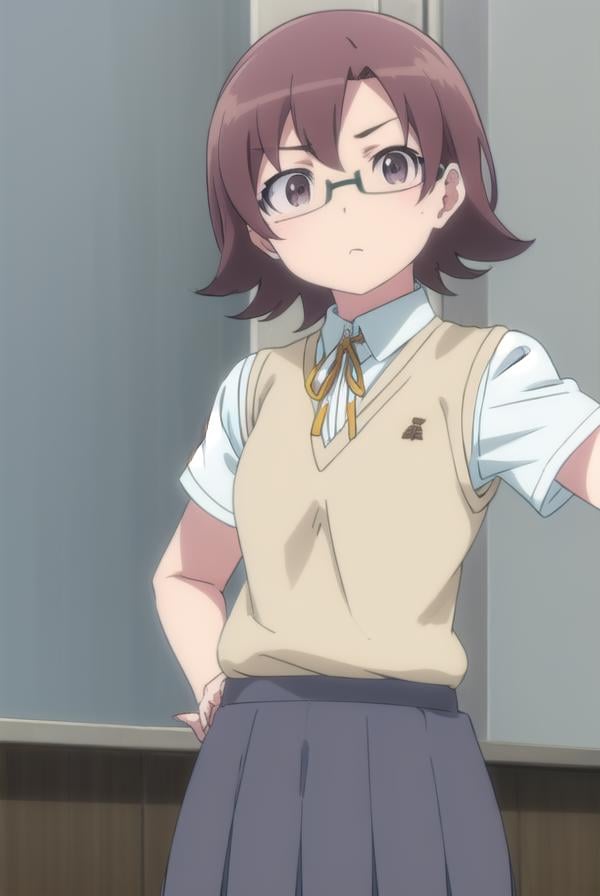 senaakagi, <lora:sena akagi s2-lora-nochekaiser:1>,sena akagi, short hair, brown hair, glasses, (brown eyes:1.5),BREAK skirt, ribbon, school uniform, sweater vest, grey skirt, shirt, white shirt, collared shirt,BREAK indoors, classroom,BREAK looking at viewer, (cowboy shot:1.5),BREAK <lyco:GoodHands-beta2:1>, (masterpiece:1.2), best quality, high resolution, unity 8k wallpaper, (illustration:0.8), (beautiful detailed eyes:1.6), extremely detailed face, perfect lighting, extremely detailed CG, (perfect hands, perfect anatomy),