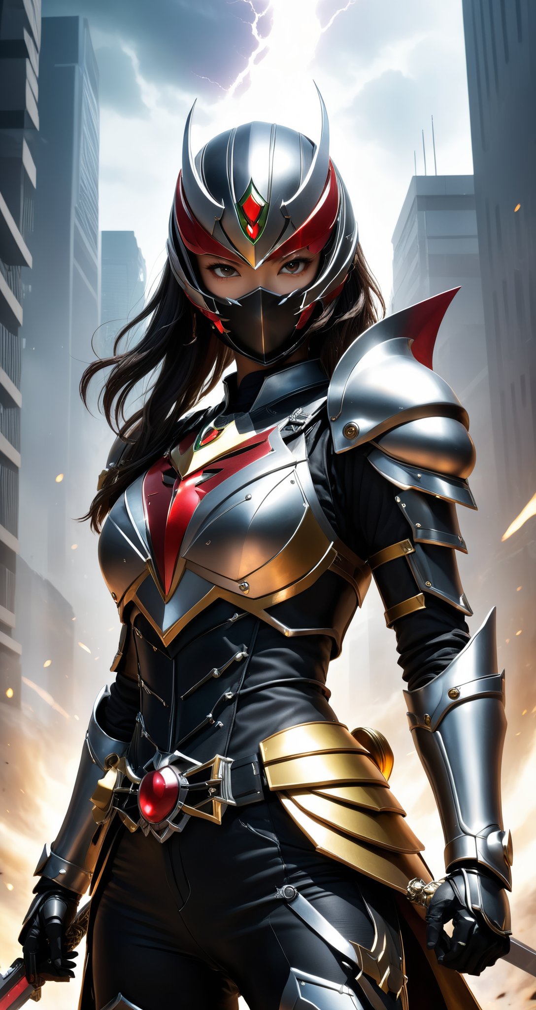 Kamen rider style,1girl kamen rider style,Mysterious Warrior Kamen Knight, wearing dark armor and holding the Thunder Sword, the embodiment of justice, guarding the peace of the city. Brave and fearless, gallop on the battlefield, crack the evil plot, uncover the veil of truth.