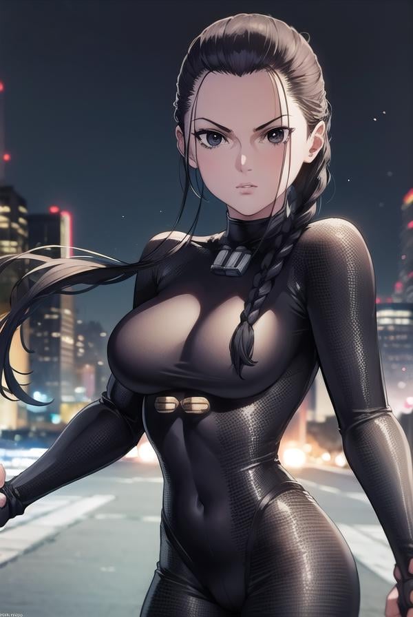 seisakuraoka, <lora:sei sakuraoka manga-lora-nochekaiser:1>,sei sakuraoka, braid, black hair, (black eyes:1.5), single braid,BREAK bodysuit, black bodysuitBREAK outdoors, city, night, sky, starry sky, moon,BREAK looking at viewer, (cowboy shot:1.5),BREAK <lyco:GoodHands-beta2:1>, (masterpiece:1.2), best quality, high resolution, unity 8k wallpaper, (illustration:0.8), (beautiful detailed eyes:1.6), extremely detailed face, perfect lighting, extremely detailed CG, (perfect hands, perfect anatomy),