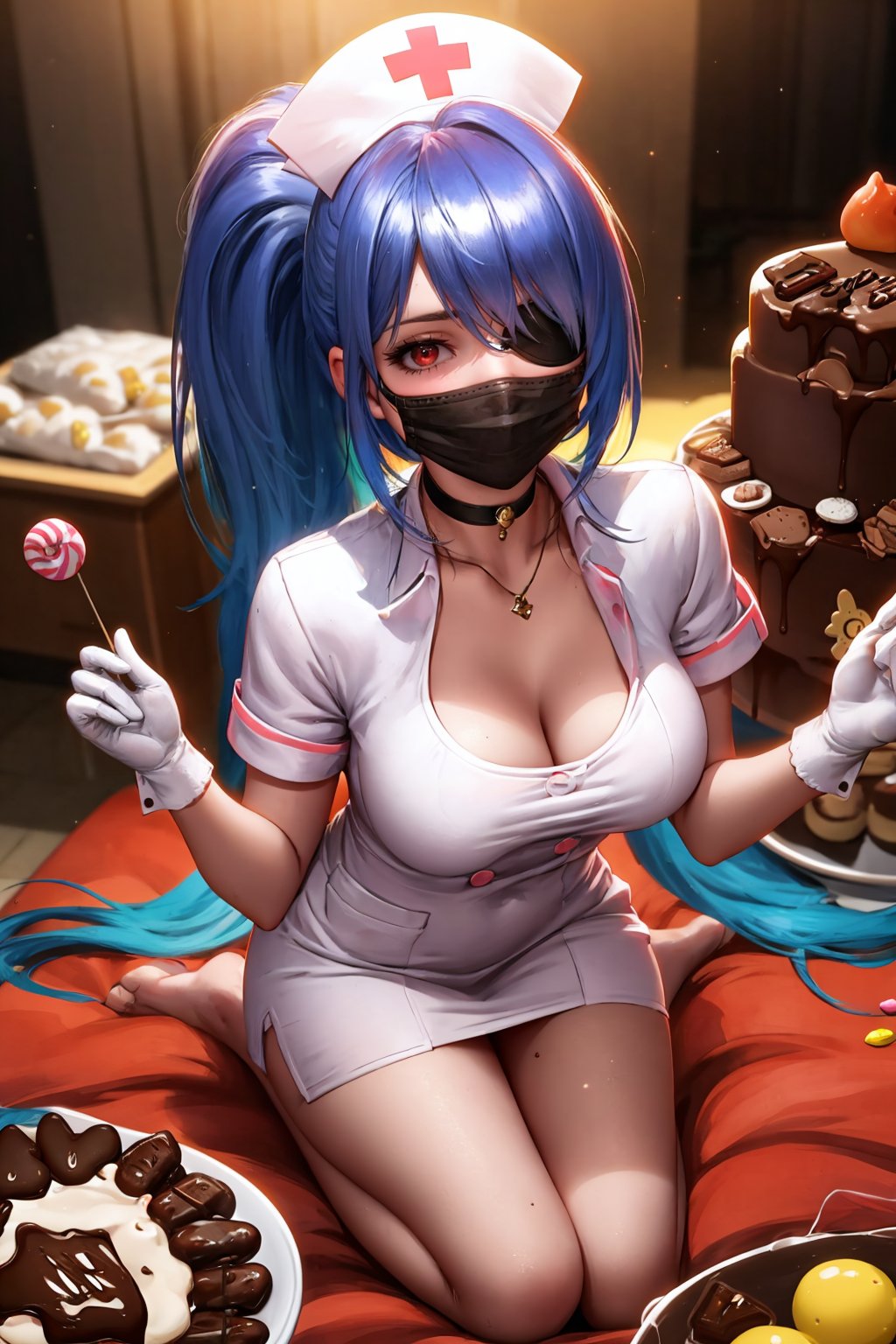 (masterpiece, best quality:1.2), <lora:liangxing:1>, liangxing, 1girl, breasts, chocolate bar, nurse, solo, blue hair, hat, gloves, large breasts, red eyes, chocolate, nurse cap, mask, surgical mask, eyepatch, cleavage, ponytail, white gloves, mouth mask, choker, mask pull, candy, food, tongue, short dress