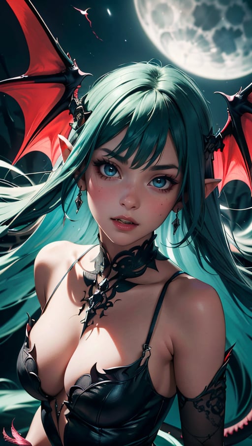 (best quality, masterpiece, colorful, dynamic angle, highest detailed)upper body photo, fashion photography of cute succubus girl, gothic, large demon red wings (high resolution textures), long green hair, (abstract art), half demon, crimson cat iris, cat eyes, vampire very long fangs, (intricate details, hyperdetailed:1.15), detailed, moonlight passing through hair, (official art, extreme detailed, highest detailed), HDR+