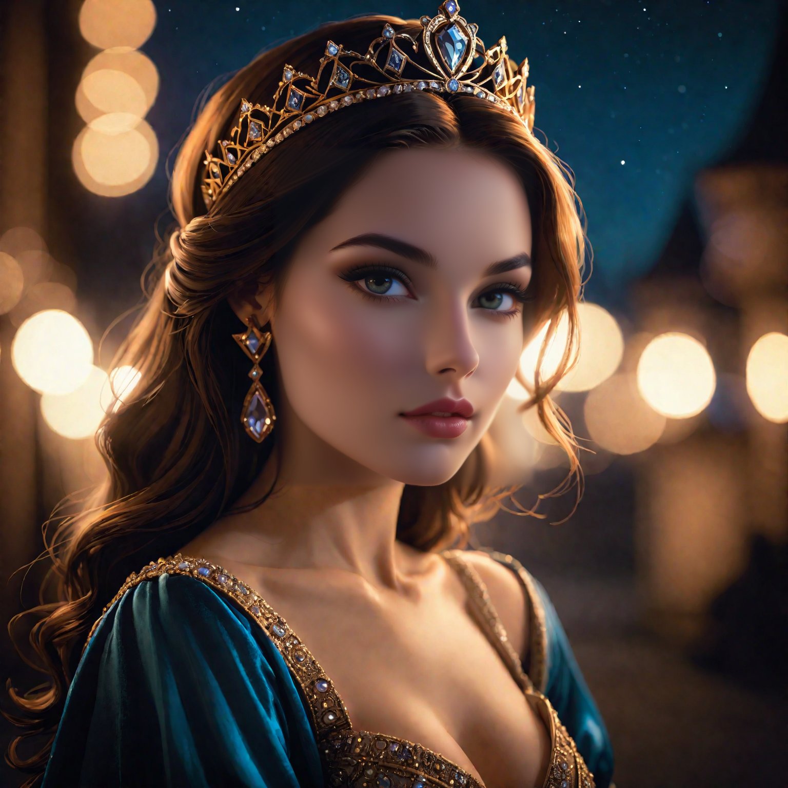 cinematic film still high quality, portrait, 1princess, pose, seductive, nighttime . shallow depth of field, vignette, highly detailed, high budget, bokeh, cinemascope, moody, epic, gorgeous, film grain, grainy