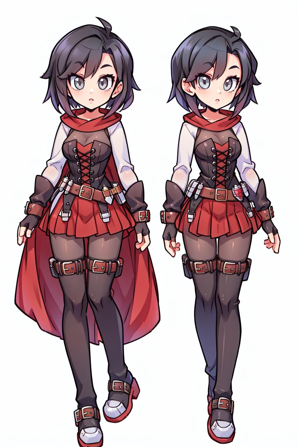 <lora:RubyAtlas-05:0.8> ruby rose,atlasrose, black hair, grey eyes, red cape, white shirt, pantyhose, belt, red skirt, corset, thigh boots, fingerless gloves,masterpiece,best quality,extremely detailed,   <lora:Pynkblud:0.8>