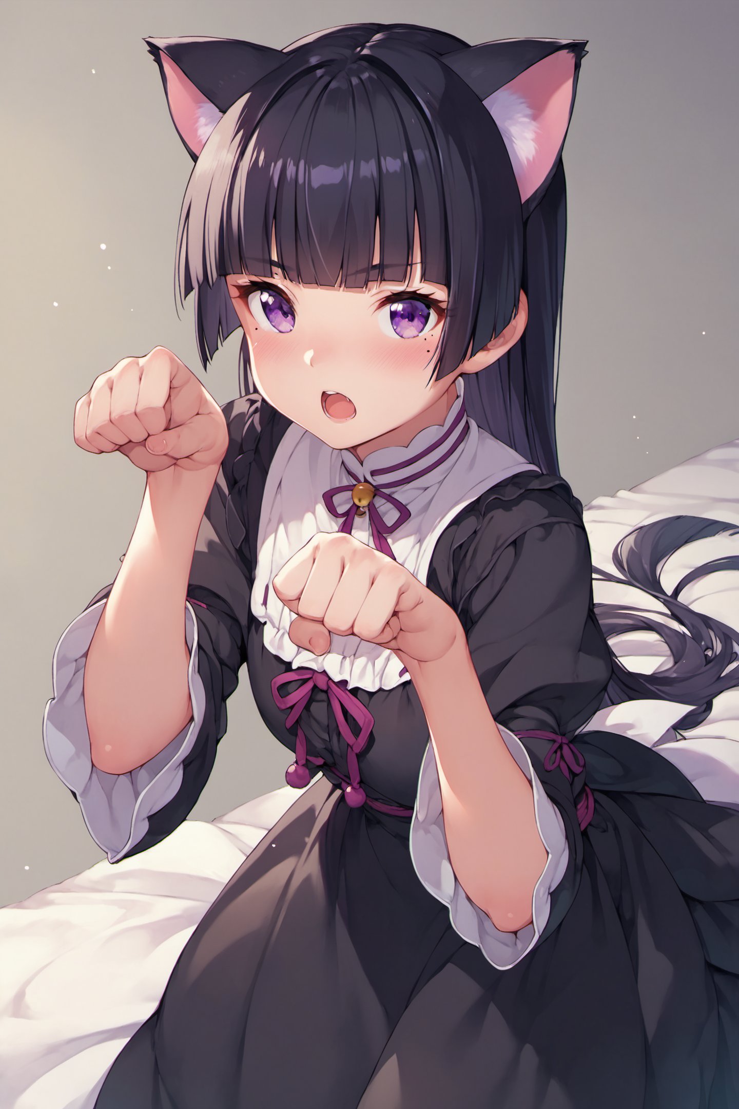 1girl,gokou ruri,animal ears,long hair,solo,mole under eye,black hair,cat ears,paw pose,mole,purple eyes,dress,blush,black dress,hime cut,open mouth,score_9,score_8_up,<lora:Kanzaki Hiro_XL_PONY:0.8>,