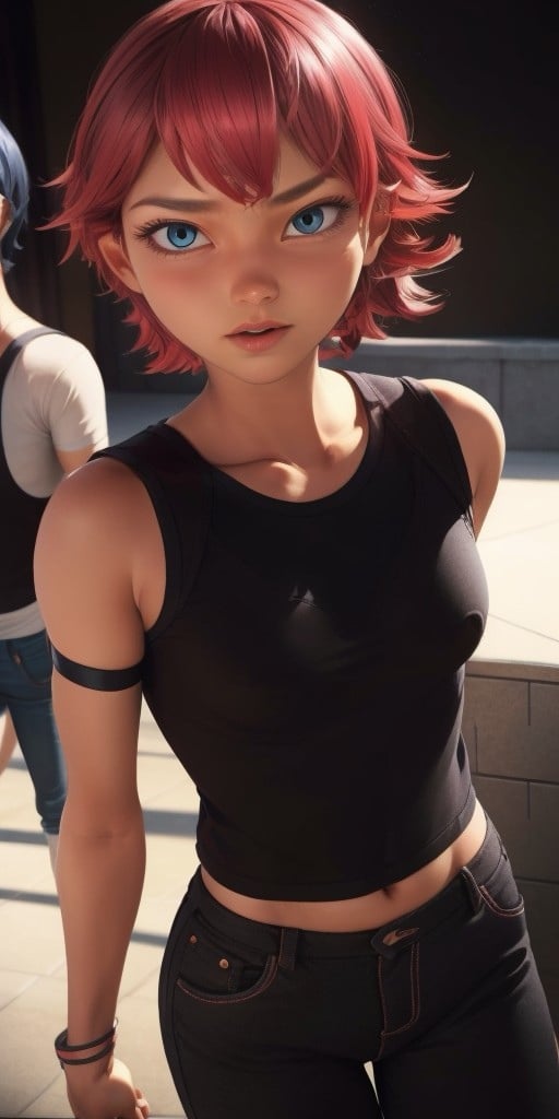 Hyperrealistic, photorealistic, highly detailed, body like in real life, perfect face, black T-shirt, black trousers, expressive brilliant cerulean eyes, short hight, red hair, fifteen years old, very little very flat breasts, octane render, unreal engine, highly detailed photorealistic background, droped shadow, bokeh, cinematic lighting, unreal engine, octane render, <lora:add_detail:0.5>, <lora:Volumetric_lighting:0.6>, Kubdel, Alix, , <lora:b5a1a206-402a-4cd9-b015-27a99c92ff02:0.7>