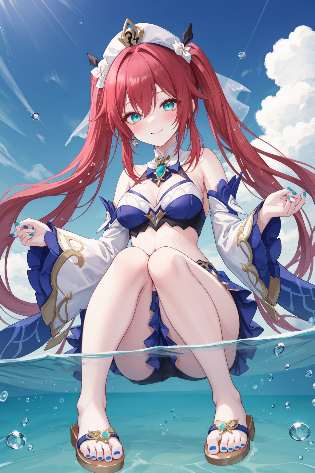 1girl,toes,solo,feet,nilou \(genshin impact\),smile,blue nails,sky,long hair,red hair,foot focus,soles,sitting,barefoot,toenail polish,looking at viewer,breasts,jewelry,twintails,veil,thighlet,nail polish,bangs,blue sky,toenails,long sleeves,outdoors,foreshortening,crop top,low twintails,brooch,shoes removed,closed mouth,day,neck ring,shoes,navel,puffy sleeves,detached sleeves,stomach,cloud,sandals,bare shoulders,water,puffy long sleeves,medium breasts,aqua eyes,water drop,legs,circlet,skirt,blush,thighs,bare legs,sandals removed,white headwear,harem outfit,gladiator sandals,floating hair,gold trim,from below,bracer,very long hair,