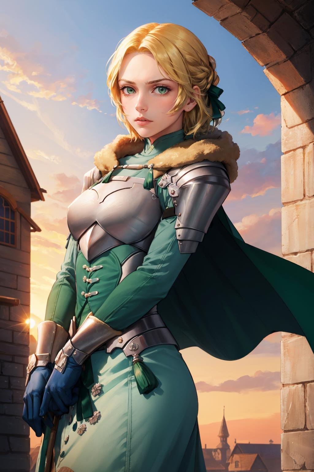 masterpiece, best quality,  <lora:ingrid-nvwls-v2-000009:0.9> waringrid, short hair, hair ribbons,, shoulder armor, armor, breastplate, underbust, green coat, fur trim, vambraces, blue gloves, green cape, cowboy shot, furrowed brow, serious, sunset, village, looking at viewer