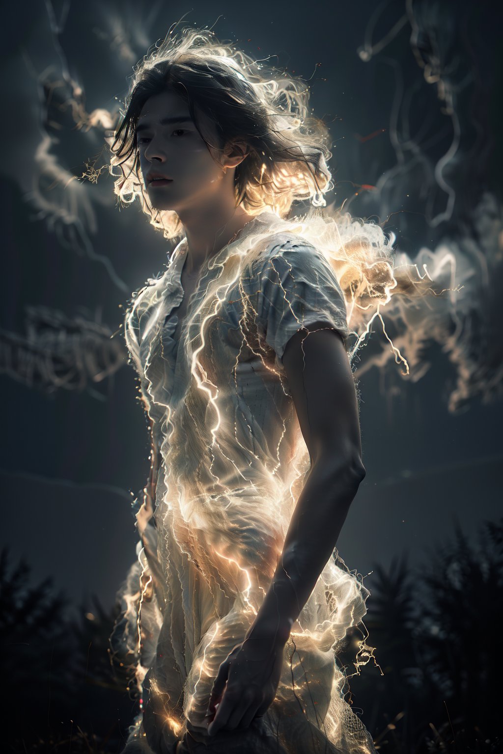 glowing_crystal dress,glowing,lightning,glowing_hair,storm,fog,cloud,male focus,1boy,<lora:Dianhuun218 (11):0.7>,