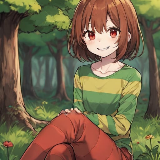 <lora:Chara_Undertale:1>, chara undertale, brown hair, red eyes, striped shirt, smiling, sit near a tree, in a forest