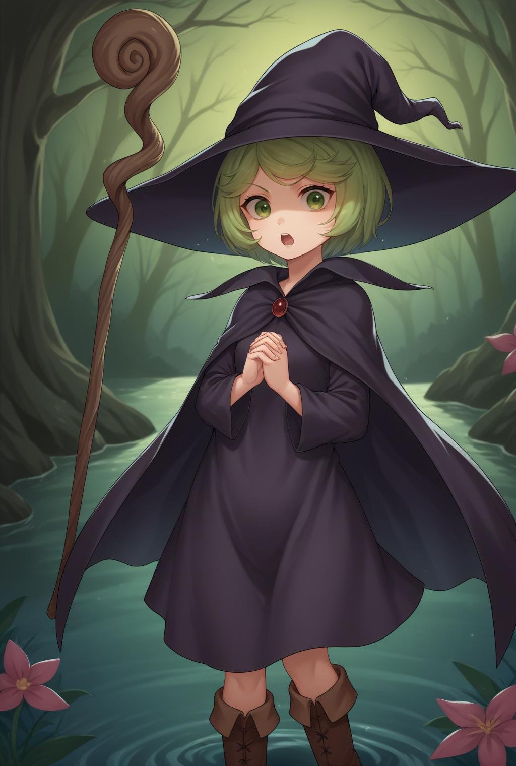 score_9, score_8_up, source_anime, looking at viewer, solo,<lora:ShierkePdxlDwnsty:0.8>, green hair, short hair, witch hat, staff, cape, dress,  robe, long sleeves, boots, brown footwear, brooch, holding staff, small breasts, standing, casting spell, open mouth, shouting, own hands together, forest, lake, water, flower, night,