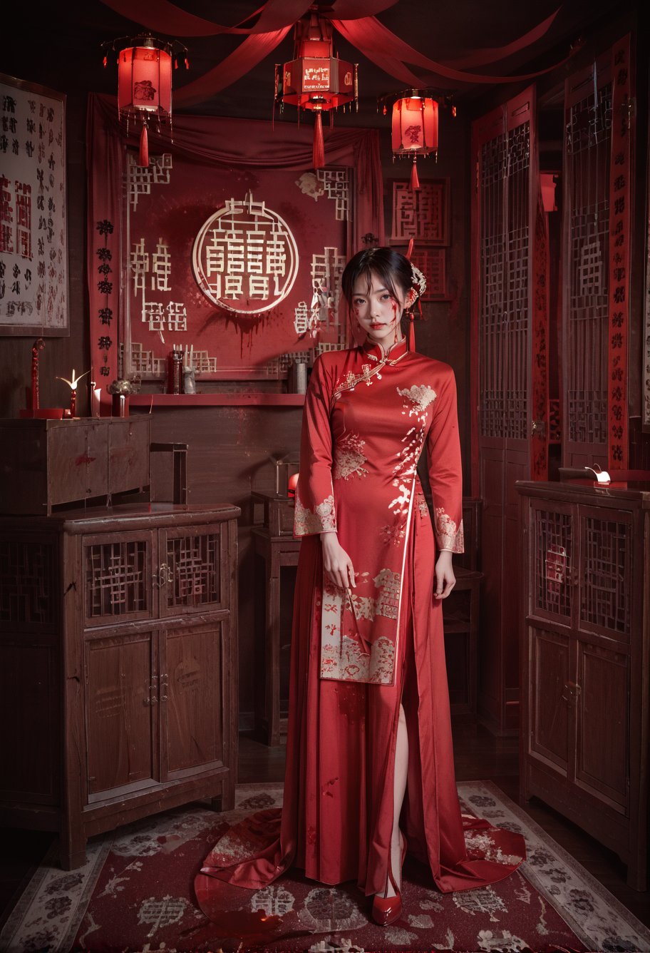 score_9,score_8_up,score_7_up,8k,1girl,solo,,ruanyi0711,chinese clothes,red dress,long dress,long sleeves,,ruanyi0706,blood splatter,blood,indoors,<lora:0711 Chinese wedding dress_v1_pony:0.6>,<lora:0706 Chinese horror_v1_pony:1>