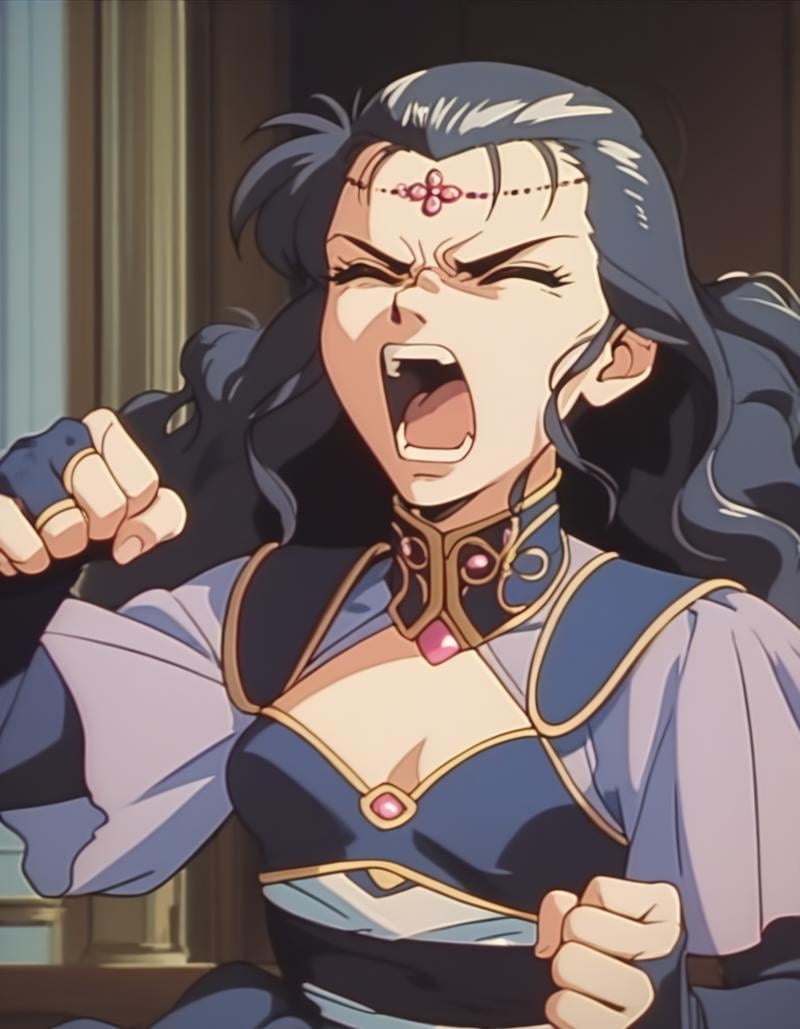 score_9, score_8_up, score_7_up, score_6_up, score_5_up, score_4_up, <lora:lydia-ponyxl:1> lydia, circlet, dress, cleavage, bridal gauntlets, small breasts,1girl, upper body, open mouth, closed eyes, shouting, angry, indoors