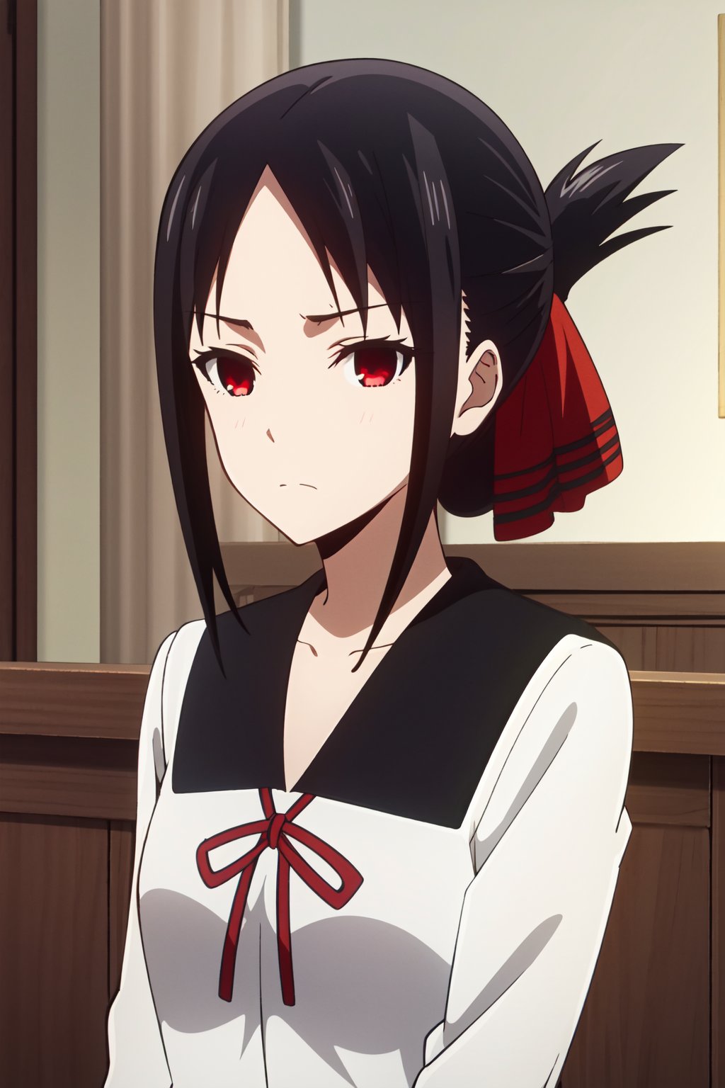 <lora:anime_screencap_v2:0.3> tall body, tall, long legs, mature female, mature, adult, <lora:GoodHands-beta2:1.4>,, eft_liw_kaguya, shinomiya kaguya, 1girl, red eyes, school uniform, shuuchiin academy school uniform, black hair, ribbon, hair ribbon, parted bangs, folded ponytail, bangs, sidelocks, solo, red ribbon, closed mouth, collarbone, frown, looking at viewer, dress, indoors, short hair, portrait <lora:WIZ_REDO_Kaguya-09:1>