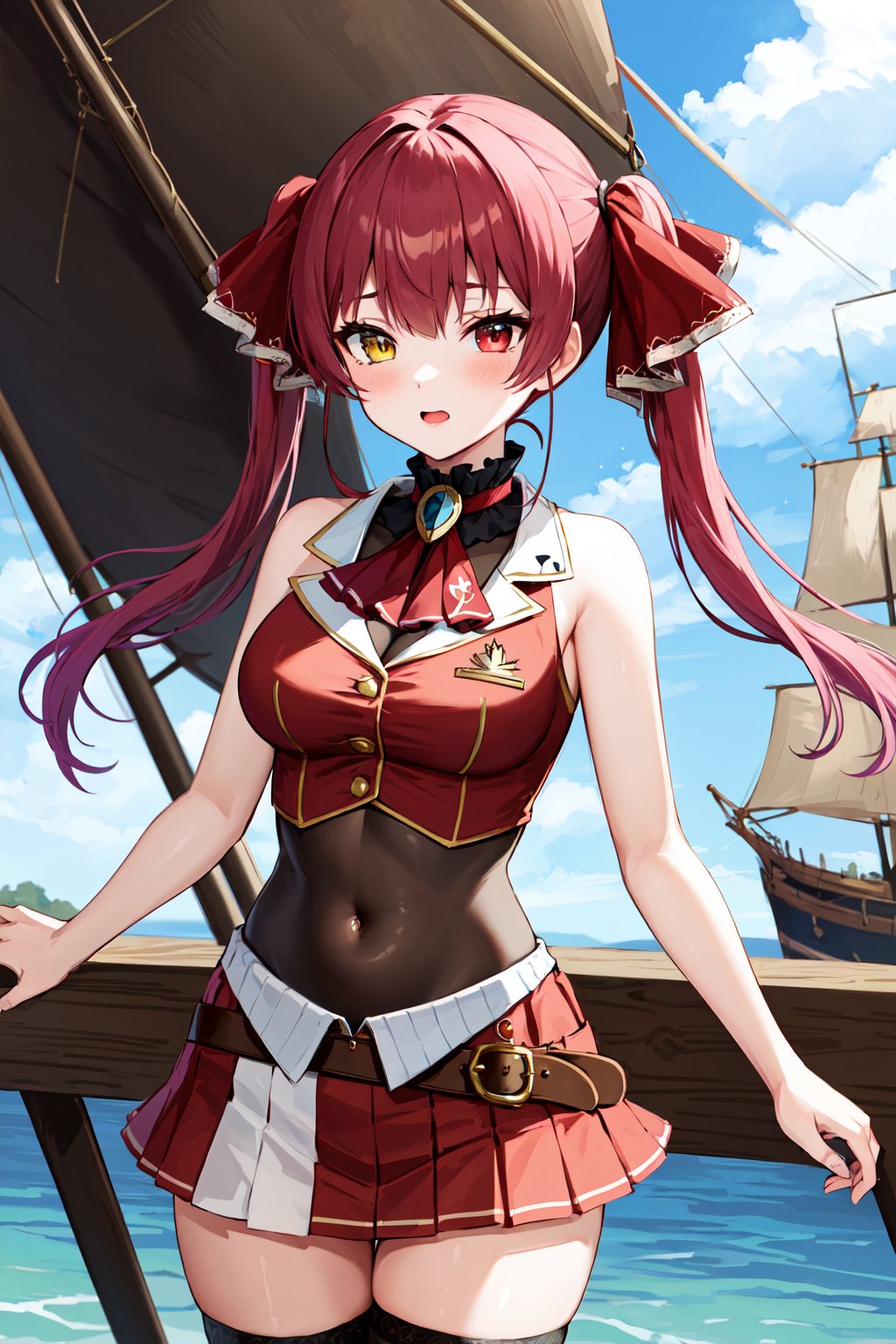 masterpiece, best quality, highres, bbmarine, twintails, heterochromia, red ascot, bare shoulders, red shirt, bare arms, sleeveless, see-through, (leotard under clothes:1.2), covered navel, belt, pleated skirt, red skirt, black thighhighs, <lora:houshou_marine_v1:0.7>, standing, cowboy shot, pirate ship, outdoors,