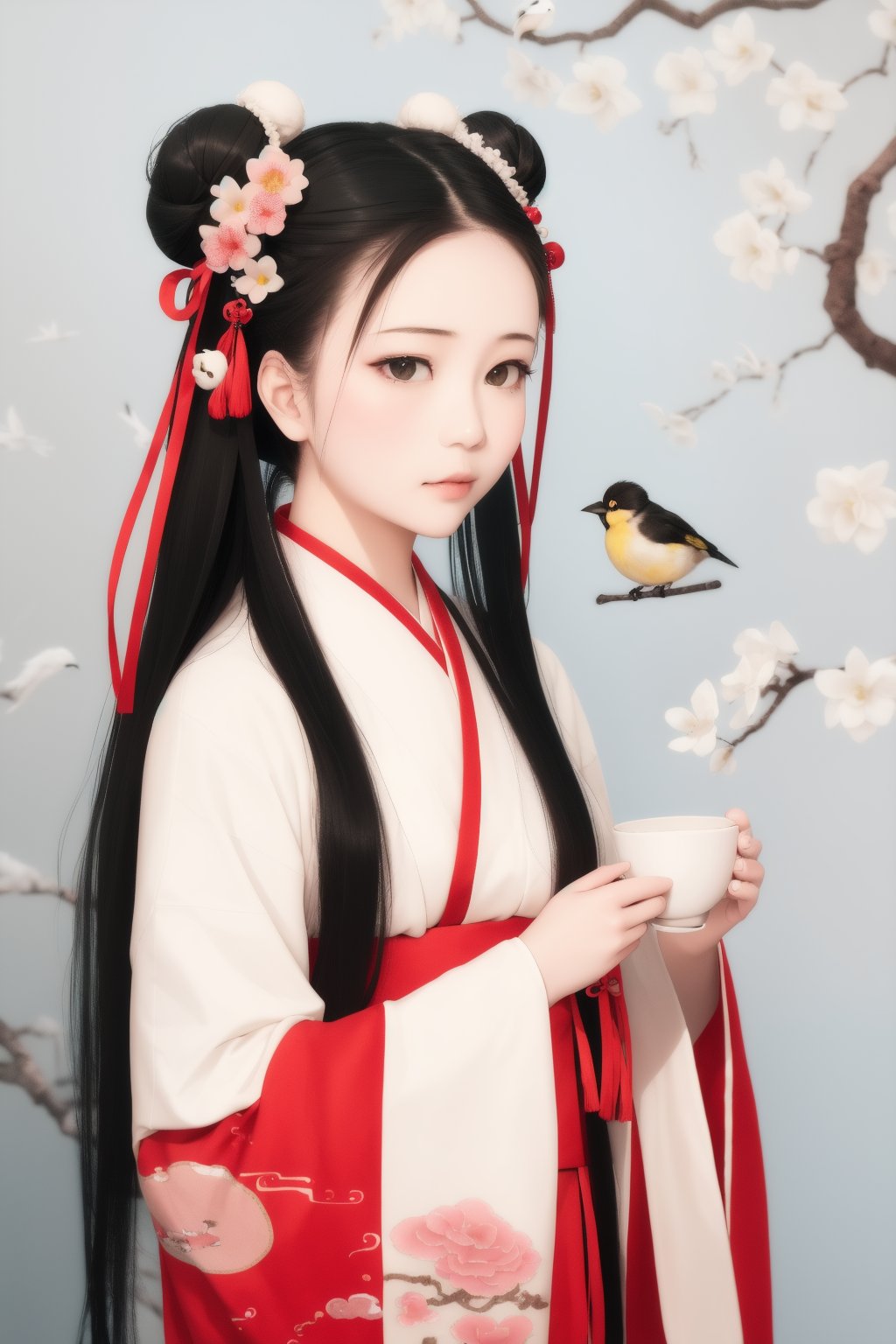 1girl, solo, long hair, black hair, hair ornament, long sleeves, ribbon, hair ribbon, upper body, flower, hair bun, cup, double bun, bird, chinese clothes, hair rings, realistic, branch, hanfu<lora:lbc_nian_2gainian_cs:0.9>,