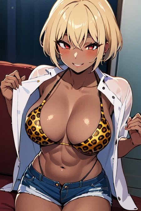 (best quality, high quality:1.2, best detail, absurdres, masterpiece), ButaAI 1girl, short hair, muscular, lean, delinquent, gyaru, portrait, Tied shirt, Open clothes, Leopard print, Bikini, Microskirt, Swimsuit, Shorts, sexy, large breasts, skindentation, OverallDetail, <lora:ButaAI3:1.0>