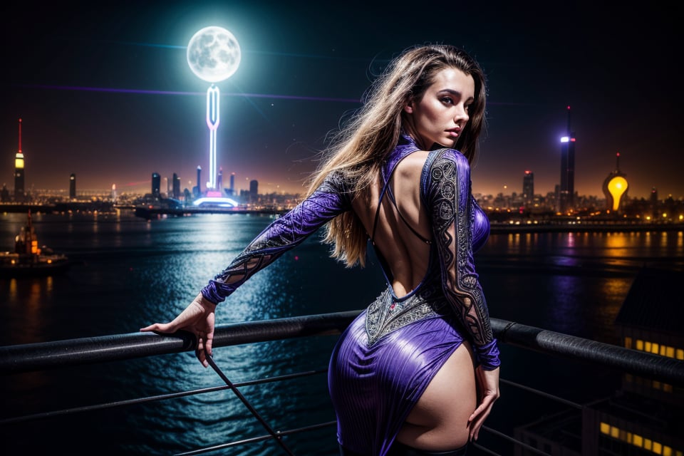 a woman in a purple dress and some men in black and purple outfits and a neon light up background, Enki Bilal, cyberpunk, cyberpunk art, (retrofuturism:1.5), 1girl, building, city, city lights, cityscape, cyberpunk, earth \(planet\), from behind, lens flare, lights, moon, neon lights, night, planet, rain, science fiction, skyscraper, space, thighhighs, underwear, (close-up shot:1.2) (asymmetrical:1.5), (alluring:1.42), (exquisitely seductive:1.34), (sublime:1.42), (fantastically epic:1.34), (masterpiece:1.45), (absurdres:1.62), (8k uhd:1.34), (4k, intricate:1.57), (realistic, photo-realistic:1.37) <lora:add_detail:1> 