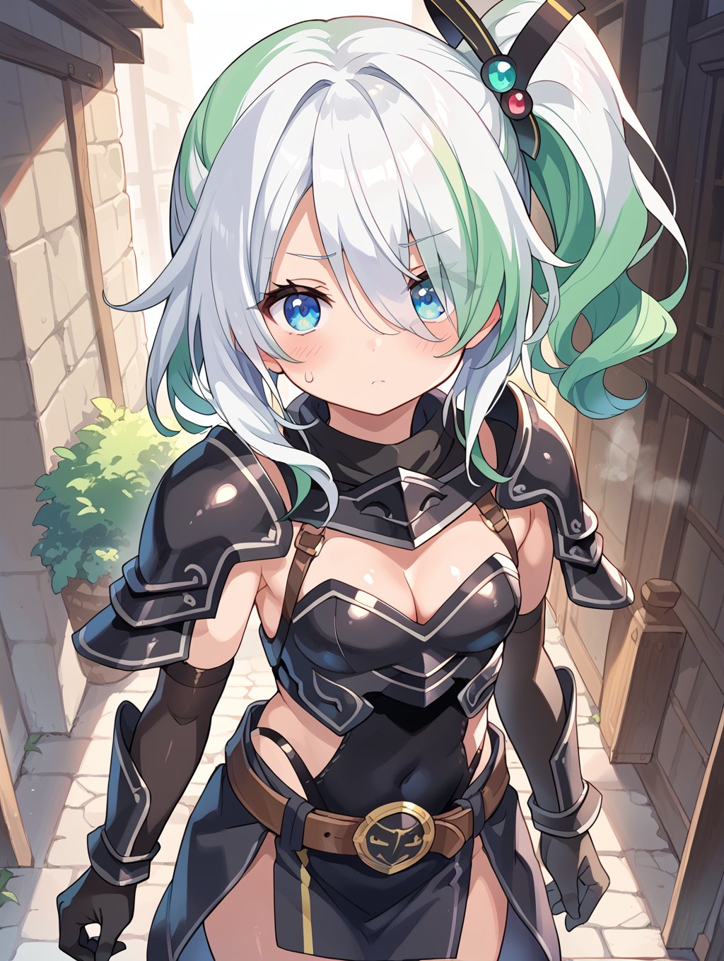 score_9, score_8_up, score_7_up,source_anime,BREAK, noir armor,black shoulder armor,black highleg leotard,black elbow gloves,brown belt,black armor skirt,green hair,small breasts,1girl,long hair,blush,side ponytail,white hair ornament,cleavage,looking at viewer,shiny skin,sweatdrop,steaming body,hair over one eye,