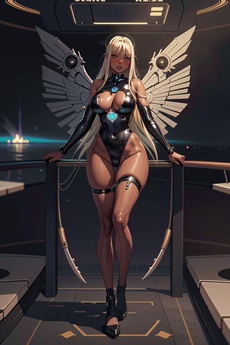 (masterpiece), (best_quality), (ultra-detailed), (illustration), (welcoming), bokeh,1girl, (gaia tundra shifter neuromancer:1.3), (on a  space cruise ship:1.3), (full body:1.4), thigh gap, blonde hair, short bombshell hair, dark lipstick, long eyelashes, (blush:1.3), , [:revealing, casual costume design:0.2], wings,lying on grass, (dark skin:1.3), official art, vivid color, finely detailed, hyper detailed, 8k, high resolution illustration, absurdres, intricate detail<lora:EnvyThiccMix01:1.2>