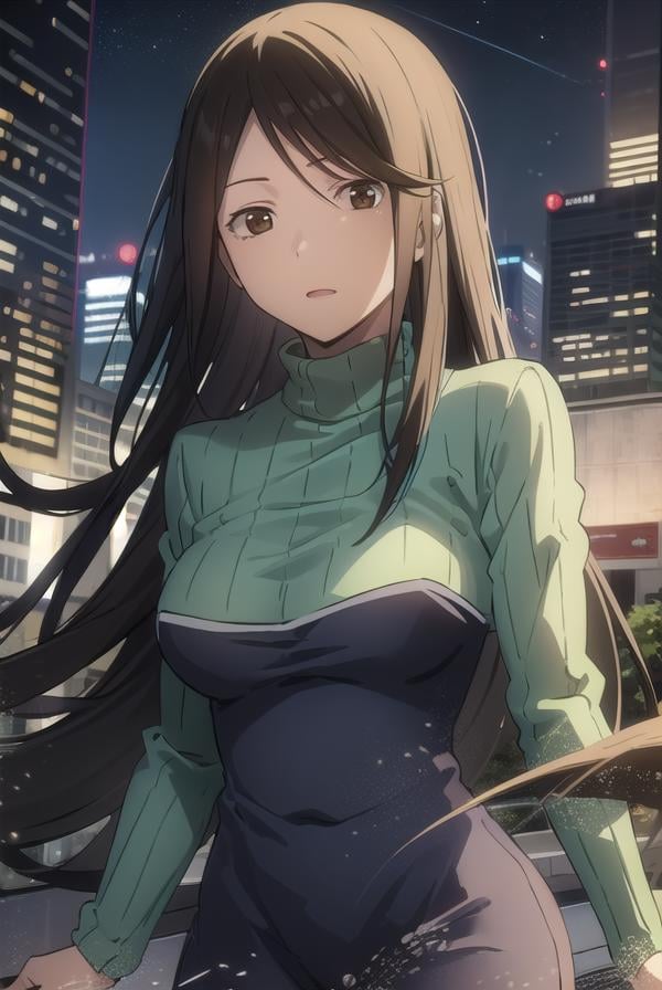 namieyagiri, <lora:namie yagiri s1-lora-nochekaiser:1>,namie yagiri, long hair, black hair, (brown eyes:1.3), (swept bangs:1.5),BREAK sweater, turtleneck, green sweater,BREAK outdoors, city, night, sky, starry sky, moon,BREAK looking at viewer, (cowboy shot:1.5),BREAK <lyco:GoodHands-beta2:1>, (masterpiece:1.2), best quality, high resolution, unity 8k wallpaper, (illustration:0.8), (beautiful detailed eyes:1.6), extremely detailed face, perfect lighting, extremely detailed CG, (perfect hands, perfect anatomy),