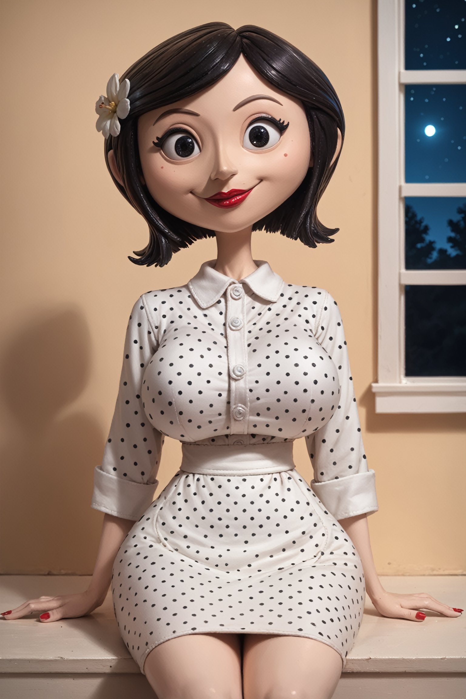 score_9, score_8_up, score_7_up, score_6_up, score_5_up, score_4_up, BREAK 3d, stop motion, ,c0raline_style, beautiful, sitting, black hair, short hair, (black eyes), polka-dot, hyperrealistic, photoreal,cinematic shot, hyperdetailed, upper body, cinematic, beautiful, sitting, red nails, mature female, button eyes, motherly, shiny, smile, red lips, lipstick, (mature female), hobble dress, dark, night, flower, indoors, (stylish), 800mm lens, sharp focus, depth of field, volumetric lighting, more detail XL<lora:EMS-61413-EMS:0.300000>, <lora:EMS-362094-EMS:0.700000>