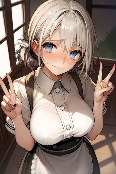 score_9, score_8_up, score_7_up, 1girl, looking at viewer, double_v, embarrassed nose blush smile, white hair, single hair intake, grey-blue eyes, large breasts, light brown waitress, backlighting, harbor, from above <lora:wada_arco_PonyXL_style_v01:1>