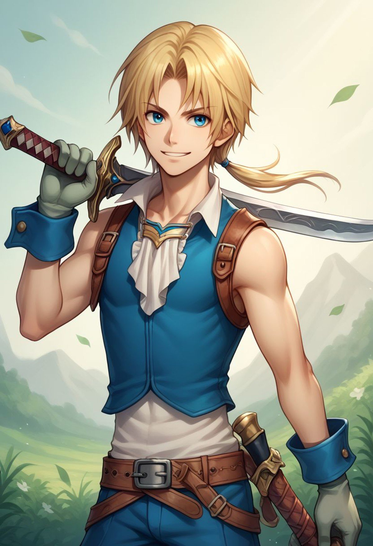 score_9, score_8_up, score_7_up, source_anime, highly detailed, 1boy, solo, skinny,zidane, 1boy, blonde hair, medium hair, monkey tail, low ponytail, parted bangs,  weapon, male focus, solo, gloves, knife, dagger, sword, blue eyes, holding, dual wielding, smile, upper body,outdoor,