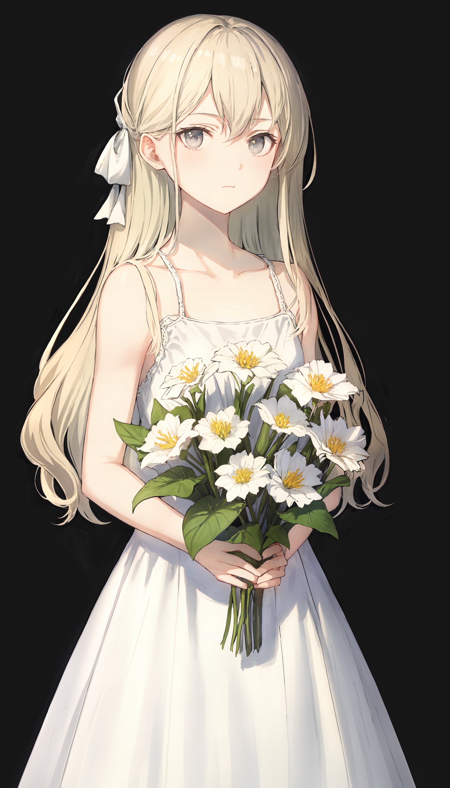 1girl, solo, looking at viewer, long hair, closed mouth, simple background,flower,white dress