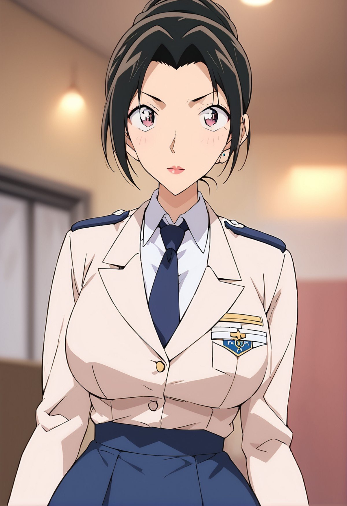 score_9, score_8_up, score_7_up, score_6_up, Light Outline,((1girl,solo,Portrait,front view,milf,)),large breasts, thin thighs,thin hips,thin waist,Uehara Yui ,black hair,hair bun,makeup, long black hair,white police uniform, tie,white jacket,blue skirt,(Sheer Textured Dark Pantyhose,blurry background, ),<lora:PONY_Yui_Uehara_Anime_Detective_Conan:1>