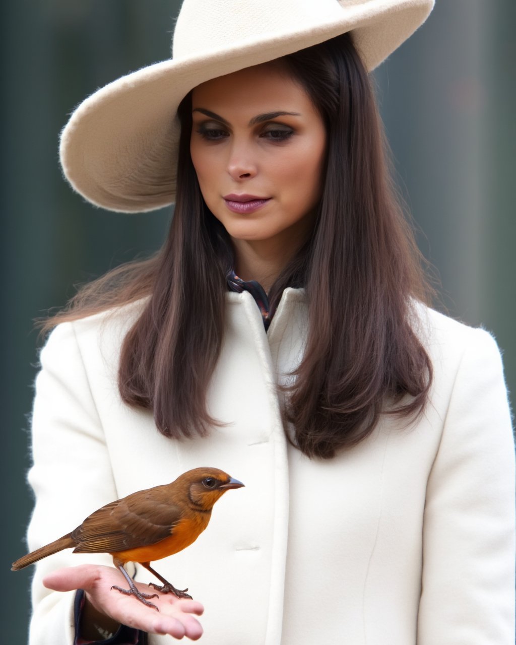 morena_baccarin, A woman is wearing a white coat and a hat. The woman has long brown hair. There is a small bird on her hand. The bird is brown and orange, <lora:MorenaBaccarinF1D:1>