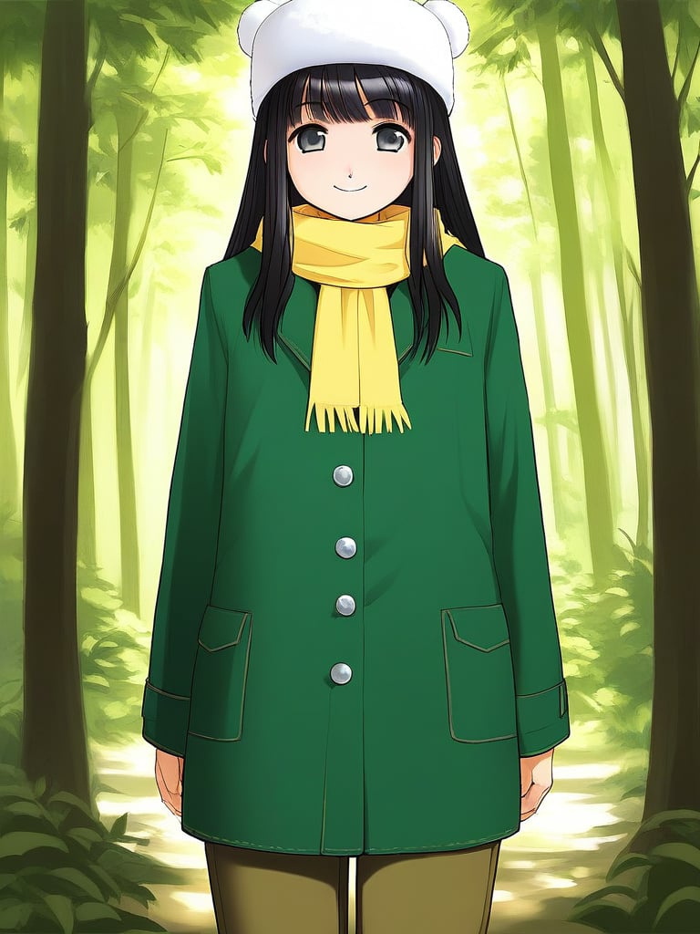 score_9, score_8_up, score_7_up, source_anime, rating_explicit, BREAK  <lora:Tsutsumi_Kinuka_Ver2.0_XL:1>  TsutsumiKinuka,  bangs,  long hair, black hair, black eyes,fur hat, yellow scarf, green coat, brown pants, shoes, happy, standing, forest, looking at viewer, cowboy Shot,day, sky,